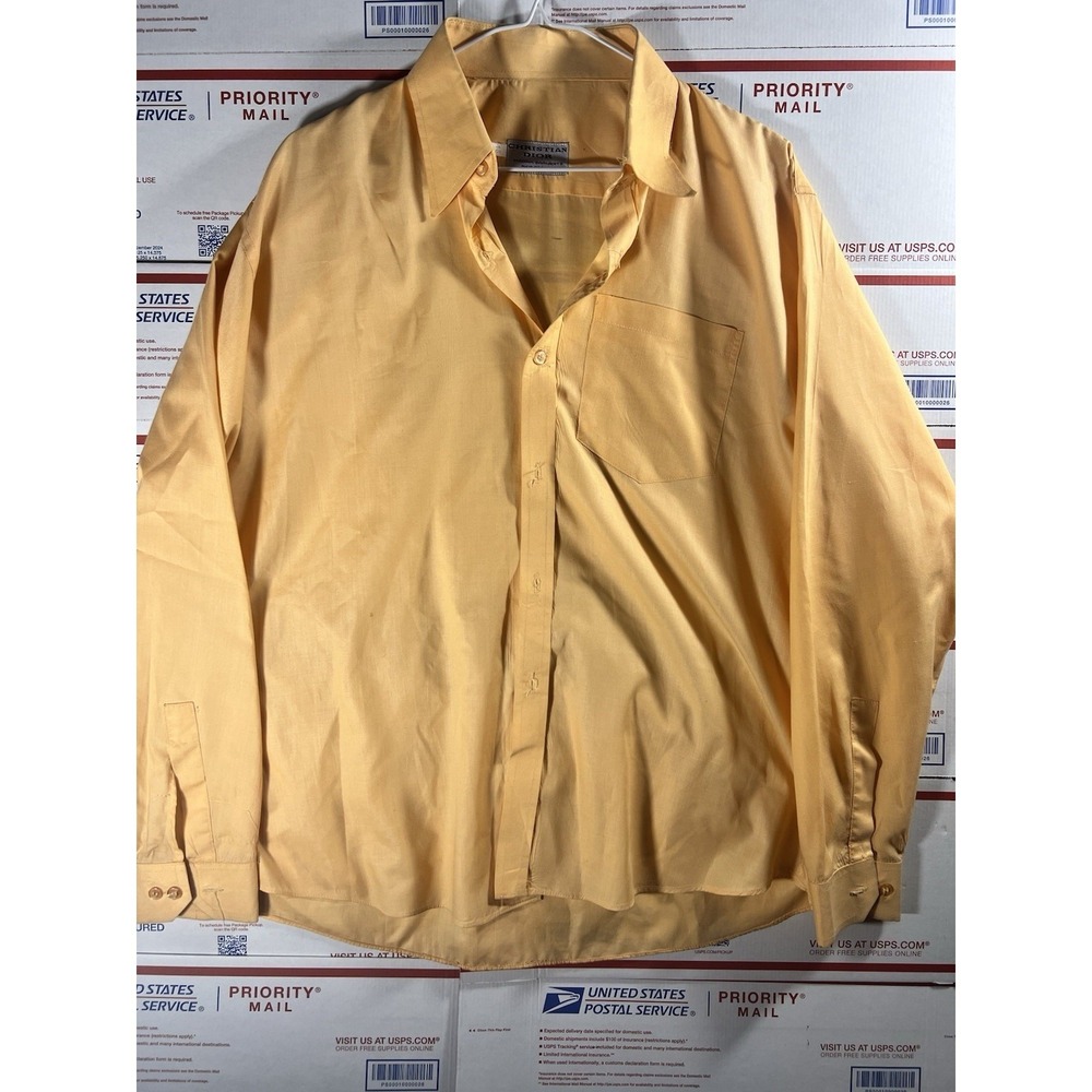 Christian‎ Dior VTG Dress Shirt Mens 16 Peach USA 80s 90s